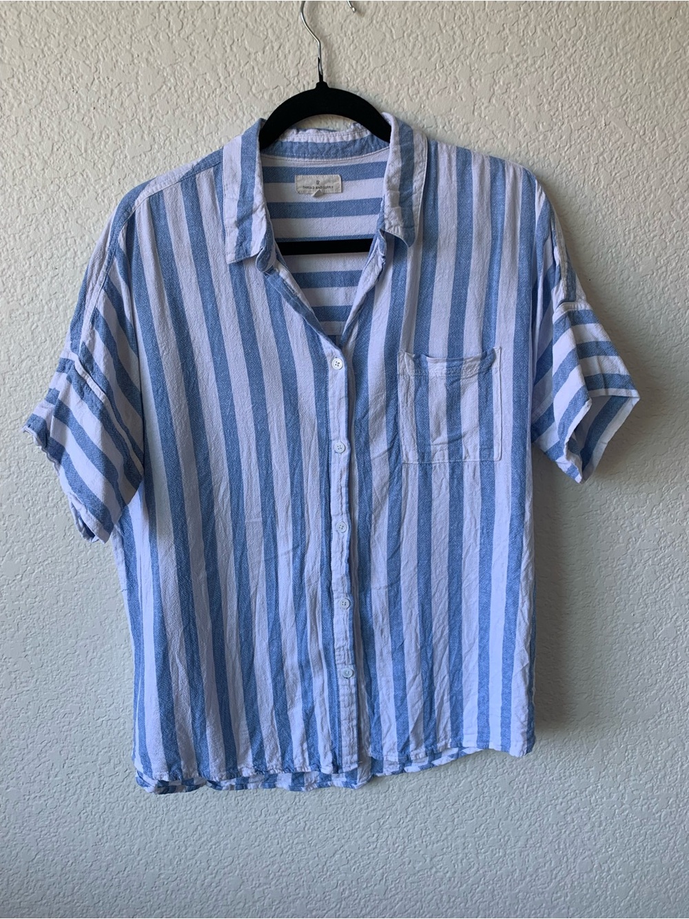 Thread & Supply Blue and White Vertical Stripe Short Sleeve Button-Up